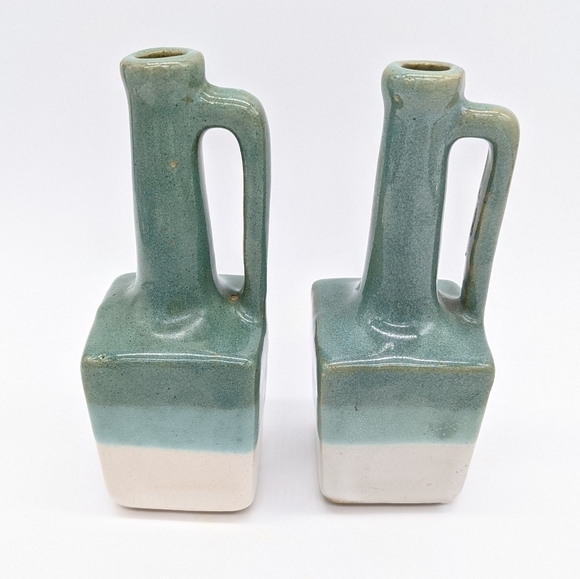 Vintage long neck blue white green ceramic vases with handles - Picture 2 of 8